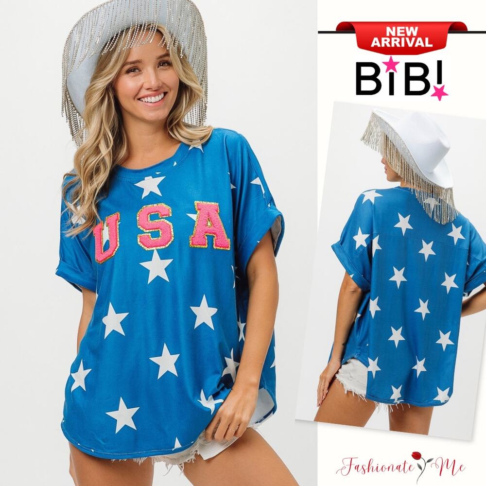 BiBi Fourth Of July Star Print with USA Patch Short Sleeves Knit T-Shirt | Blue